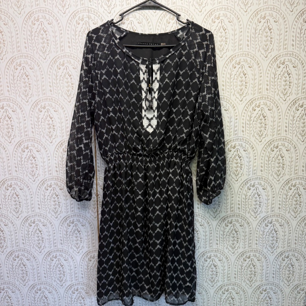 Ivanka Trump Dress Womens 12 Black White Diamond Print Chiffon Long Sleeve